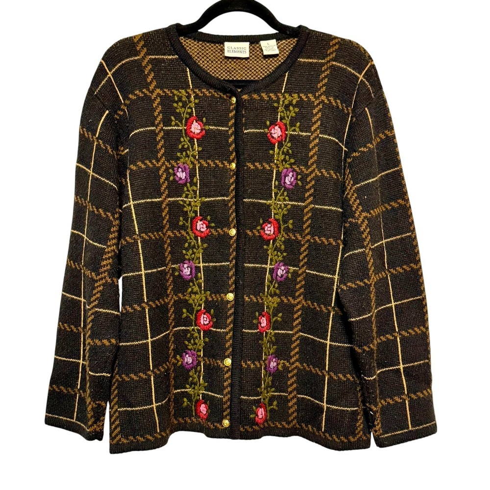 Classic Elements Cottagecore Embroidered Knit Cardigan Womens Large Vintagecore